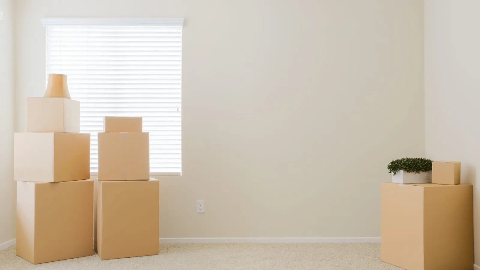 Packed cardboard moving boxes stacked in an empty room