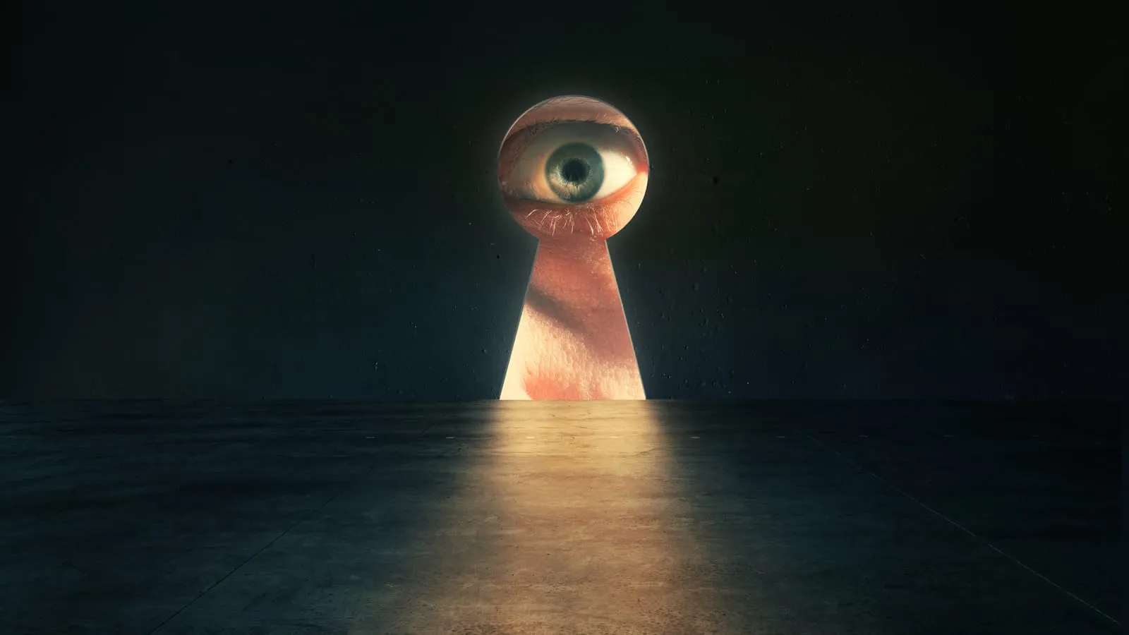 An eye looking through a brightly lit keyhole into a dark room
