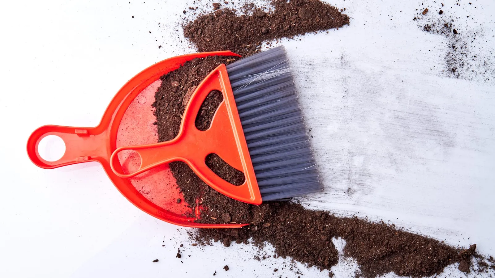 A red dustpan and brush on a white floor, with a swept strip behind the brush and soil still lying on both sides of it